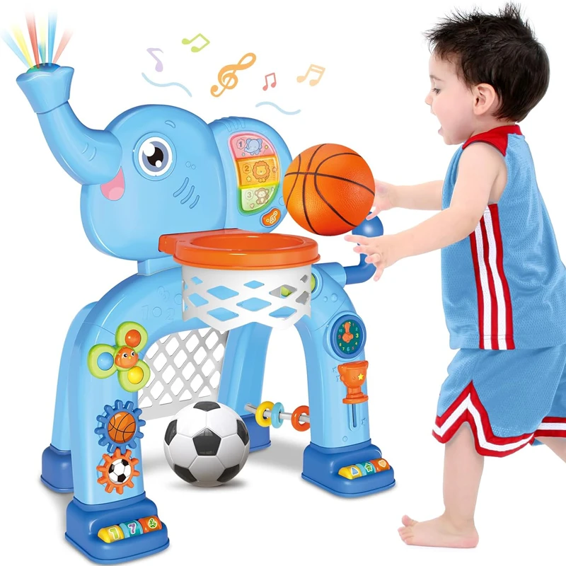 Elephant Sport Set, Toddler Basketball Hoop & Soccer Goal Activity Center Toys with Light & Music For age 1-4 Years Old